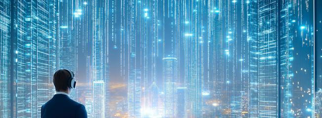 Poster - Business professional in futuristic office observing a stunning city skyline at night with digital data streams