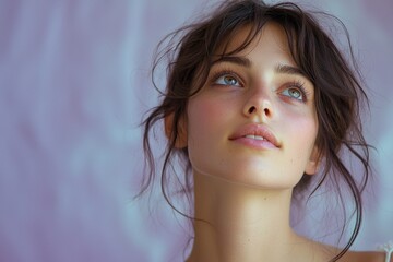 Wall Mural - Natural light highlights a young woman gazing thoughtfully upward in a serene setting