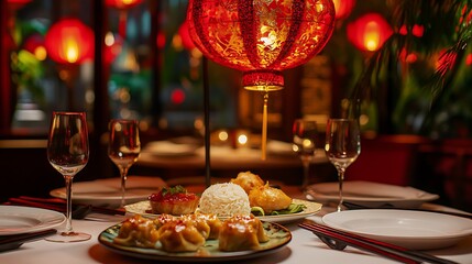 An artistic display of dim sum, fried rice, and teriyaki chicken on a beautifully decorated table with Asian-inspired plates and chopsticks, set under a canopy of red lanterns 