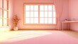 © sutus - Bright and Serene Interior of a Minimalist Room with Pink Accents, Large Windows Bathing the Space in Natural Light, and a Peaceful Atmosphere Perfect for Relaxation or Work