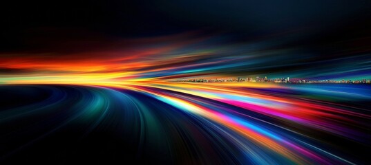 Sticker - A smooth highway with a city skyline in the background, highlighted by dynamic light trails and motion blur.