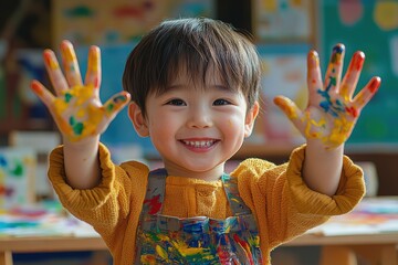 Young child joyfully shows off painted hands in an art class at a colorful preschool