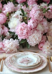 Wall Mural - Elegant table setting with delicate flowers for a spring gathering in a warm and inviting atmosphere