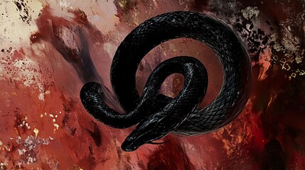 Wall Mural - Black Snake on Abstract Red Background: Contemporary Art