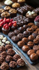 Wall Mural - Delicious assorted chocolates and fresh strawberries arranged beautifully on a dessert table