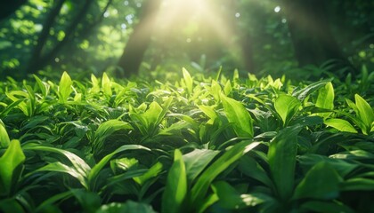 Canvas Print - Explore the captivating beauty of nature with seasonal sunlight casting long shadows over lush grass and scattered leaves, creating a serene and picturesque scene This high-resolution image showcases