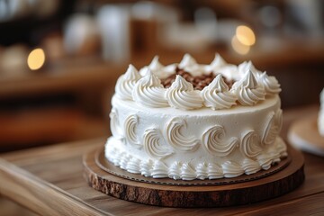 Sticker - Beautifully decorated white cake on wooden table in cozy kitchen setting