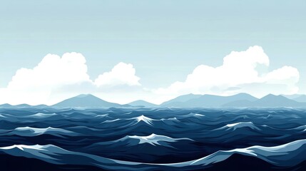 Wall Mural - Calm ocean waves beneath a blue sky with fluffy clouds.