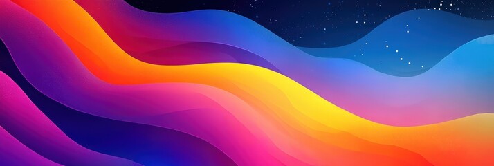 Wall Mural - Colorful abstract wave design with gradient shades of pink, orange, blue, and purple against a dark background.