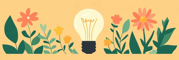 Wall Mural - Colorful flowers with a light bulb, vibrant vector art on a warm background.