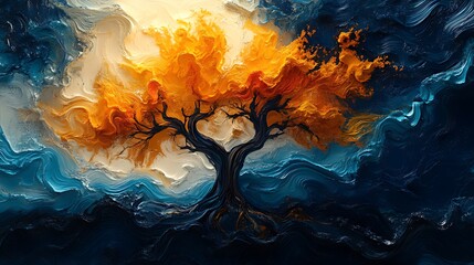 Wall Mural - Abstract fiery tree in swirling blue and white landscape.