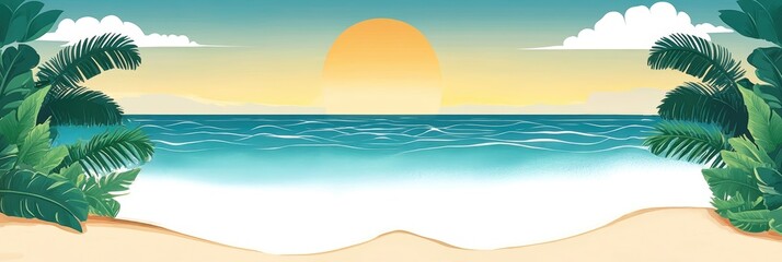 Wall Mural - Tropical beach scene with palm trees and sunset over the ocean.