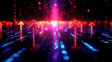 Wall Mural - Vibrant digital arrows pointing upwards against a colorful background.