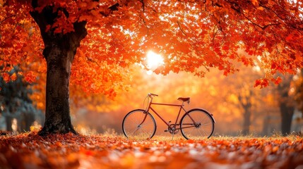 Wall Mural - Autumnal bicycle scene under vibrant red maple leaves. Sunlight filters through the foliage.