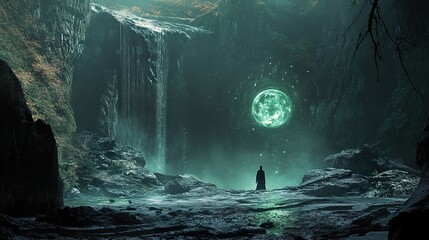 Canvas Print - Mystical Waterfall and Green Moon: A Surreal Landscape