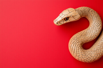 Wooden snake on a red background, chinese new year. Placeholder