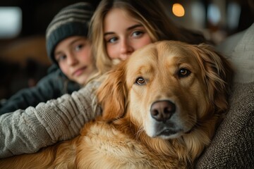 Wall Mural - Two children cuddle with a golden retriever inside a cozy cabin during a winter afternoon