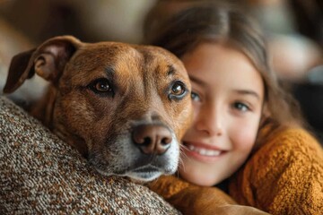 Wall Mural - Dog and girl share a moment of joy while relaxing at home on a cozy afternoon