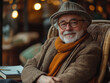 © AI Vision Studio - senior man sitting on  arm chair smilling,  lecturer, professor or senior writer.