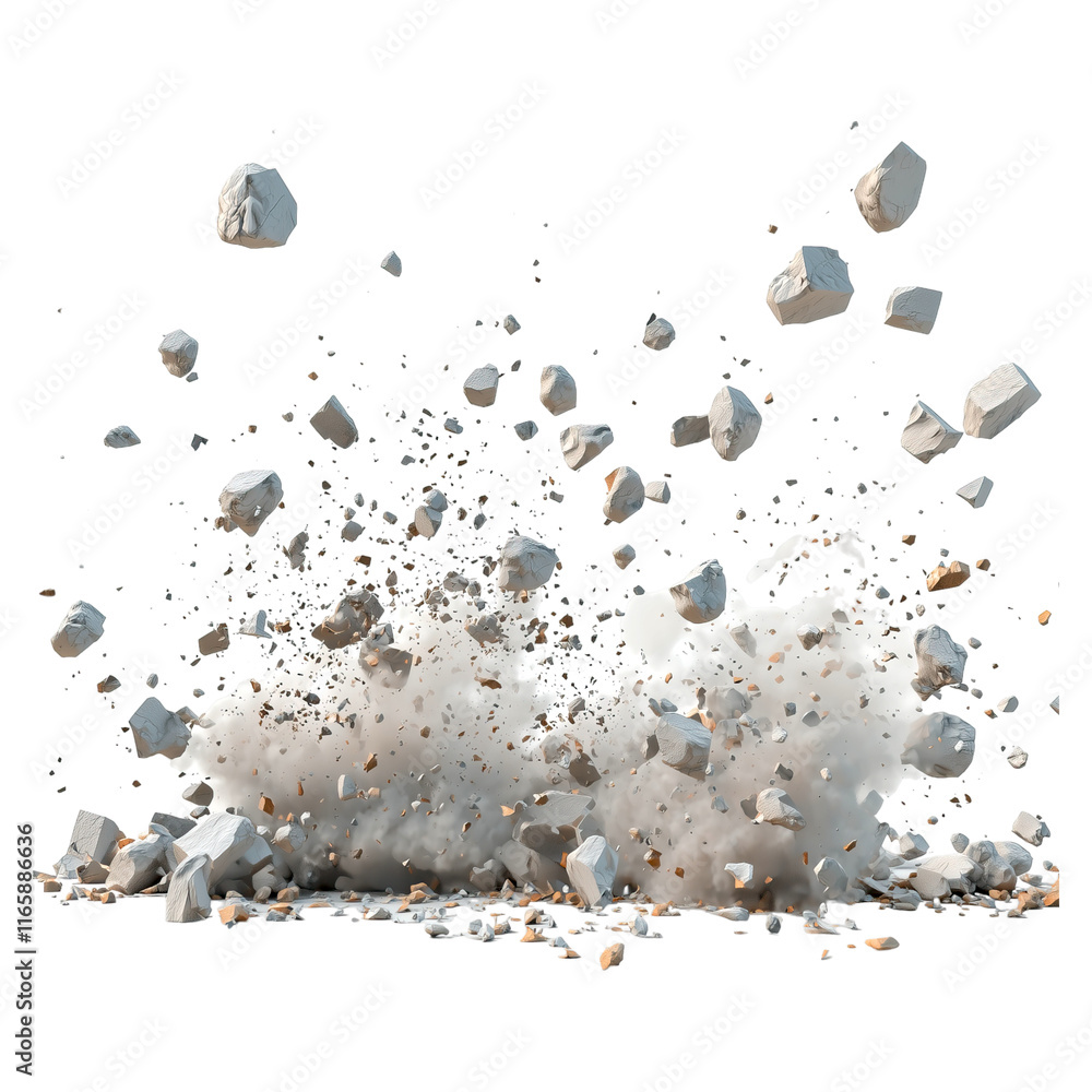Rock explosion debris flying dust cloud impact destruction stones ...
