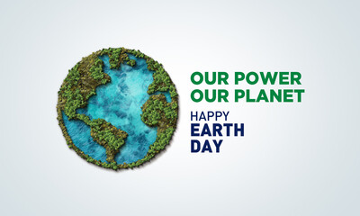 Our power, our planet. Earth day 2025 3d concept background. Ecology concept. Design with 3d globe map drawing and leaves isolated on white background.
