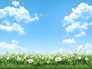 Spring Meadow Illustration: Daisies and Blue Sky