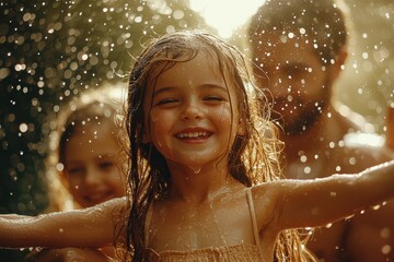 Children playing joyfully in a summer water splash at a garden in the late afternoon sun