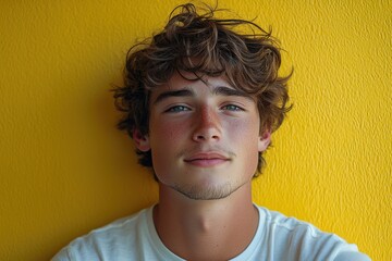 Young man with curly hair poses against a bright yellow wall in casual attire during daytime