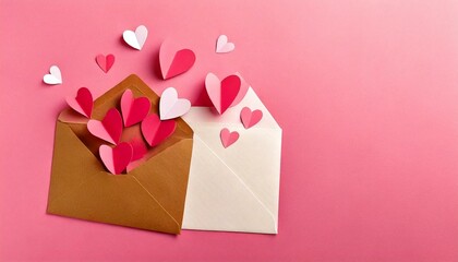 Love letter envelope with paper craft hearts - flat lay on pink valentines or anniversary