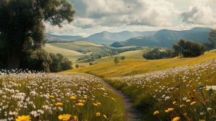 Poster - Serene landscape: Picturesque path through a vibrant wildflower meadow and rolling hills