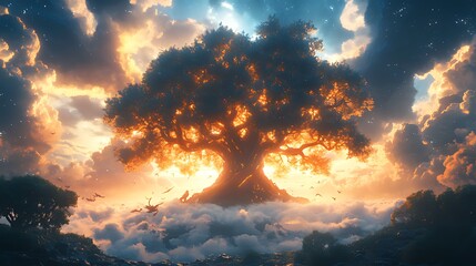 Wall Mural - Glowing ancient tree on a cloud, sunset fantasy art.