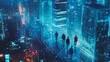 © Teeraphon - Abstract business team stands on the peak of success amid tall, innovative Smart city and graphs with statistics to analyze business potential and predict future developments in company growth.