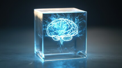 Poster - A glowing brain inside a transparent cube, symbolizing intelligence, technology, and the mysteries of the mind.