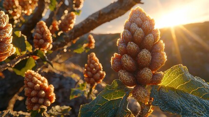 Poster - Golden plant cones backlit by sunset.