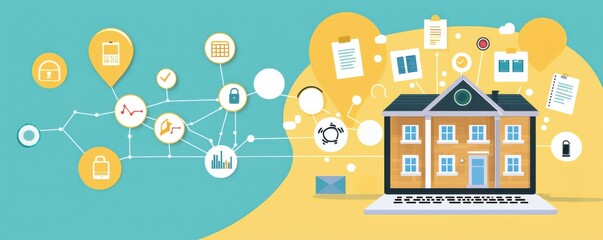 Fototapete - A digital illustration depicting a house connected to various icons representing data, documents, and technology, symbolizing smart home or digital management systems.