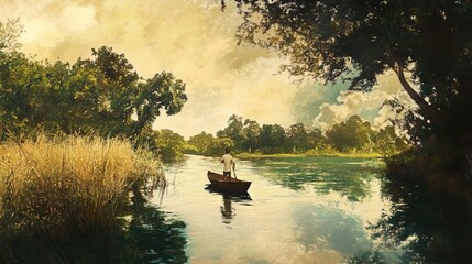 Wall Mural - Serene River Landscape: A Man in a Canoe