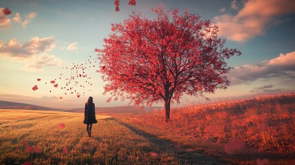 Canvas Print - Woman Walking in Autumn Landscape, Red Tree and Sunset