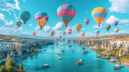 Canvas Print - Colorful hot air balloons soar over a picturesque river valley.