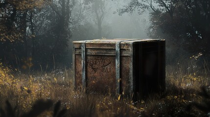 Poster - Rusty Crate in a Foggy Forest: A Mysterious Landscape