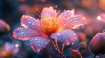 Wall Mural - Dew-kissed pink flower at sunrise.