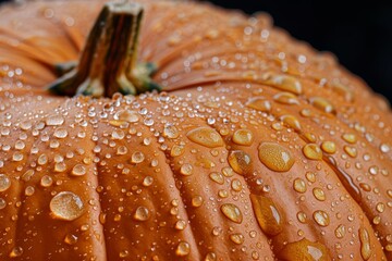 Fresh orange pumpkin covered in glistening raindrops captures the essence of autumn harvest, reflecting the seasonal colors and natural beauty found outdoors.