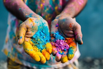 Children joyfully celebrate Holi by playfully tossing vibrant colored powders in each other's hands, embracing the spirit of spring and togetherness.