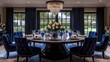 © AGUNG - Elegant dining room with round table, blue velvet chairs, and large windows.