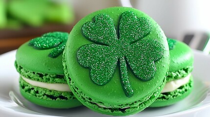 Poster - Green macarons decorated with shamrock designs, perfect for St. Patrick's Day celebrations or themed desserts.