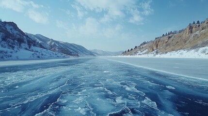 Canvas Print - Frozen river in a snowy mountain valley.