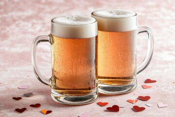 Wall Mural - Valentine Beer with heart, Two frosty mugs of beer with a light golden hue, surrounded by scattered heart-shaped decorations on a soft pink surface.