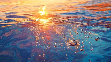 Wall Mural - A captivating underwater view at sunset, showcasing vibrant colors and bubbles rising through the clear water.