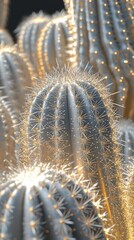 Wall Mural - Golden Cactus, A Stunning Close-Up of Nature's Beauty. Detailed view of a desert plant with intricate patterns and glowing spines. A captivating image perfect for nature lovers and art enthusiasts.