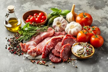 An array of fresh ingredients including different meats, vibrant tomatoes, garlic, herbs, and olive oil arranged on a rustic kitchen countertop, ready for cooking.