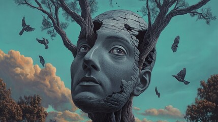 Wall Mural - Stone Face, Tree Branches: A Surreal Dream